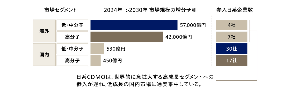 各市場セグメントの市場成長予測と日系企業の参入状況